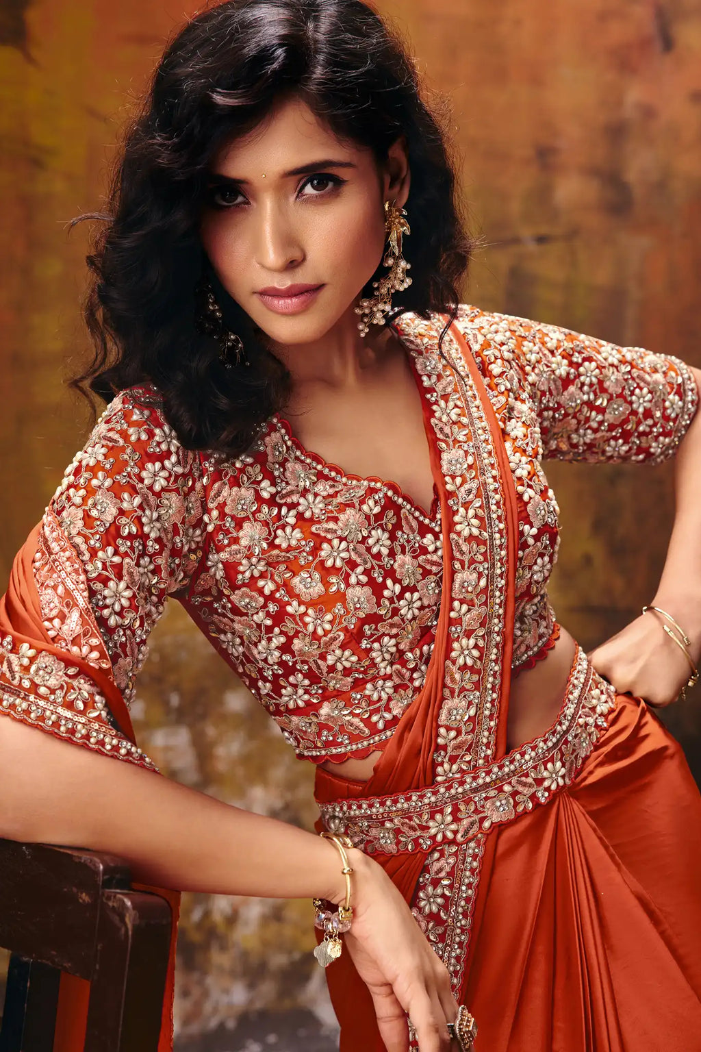Rust Orange Drape Saree view 2