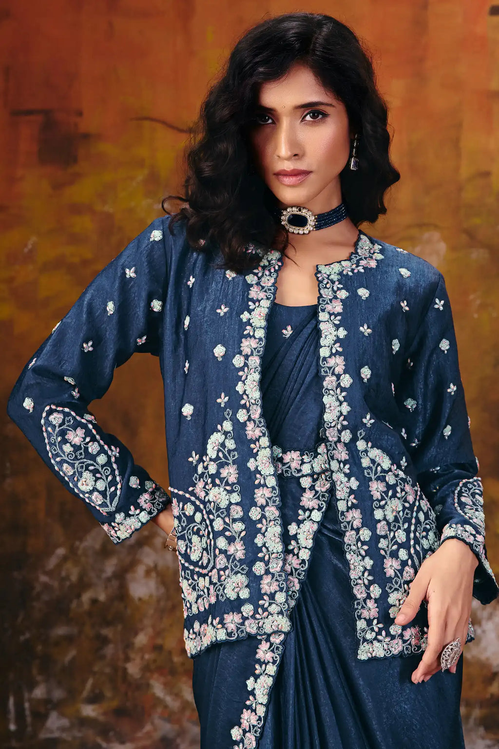 Navy Blue Drape Saree view 2