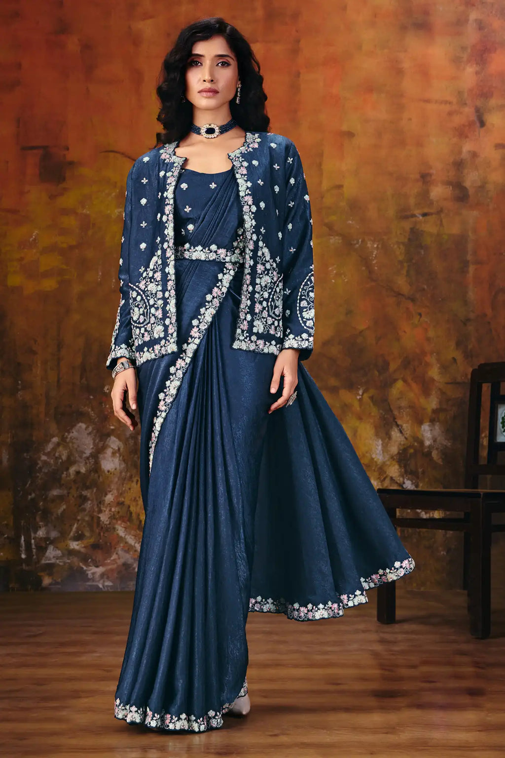 Navy Blue Drape Saree view 5