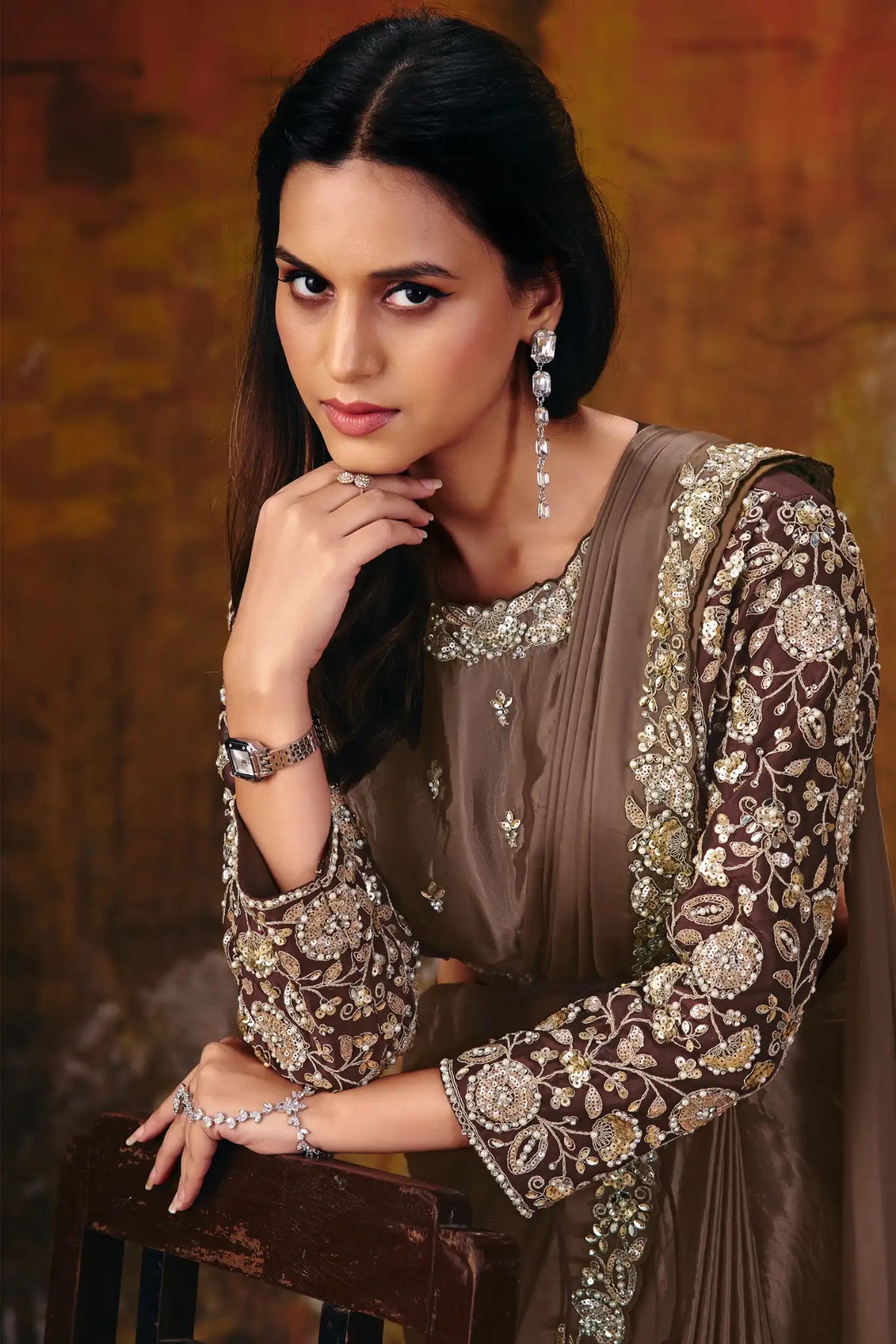 Brown Drape Saree view 2