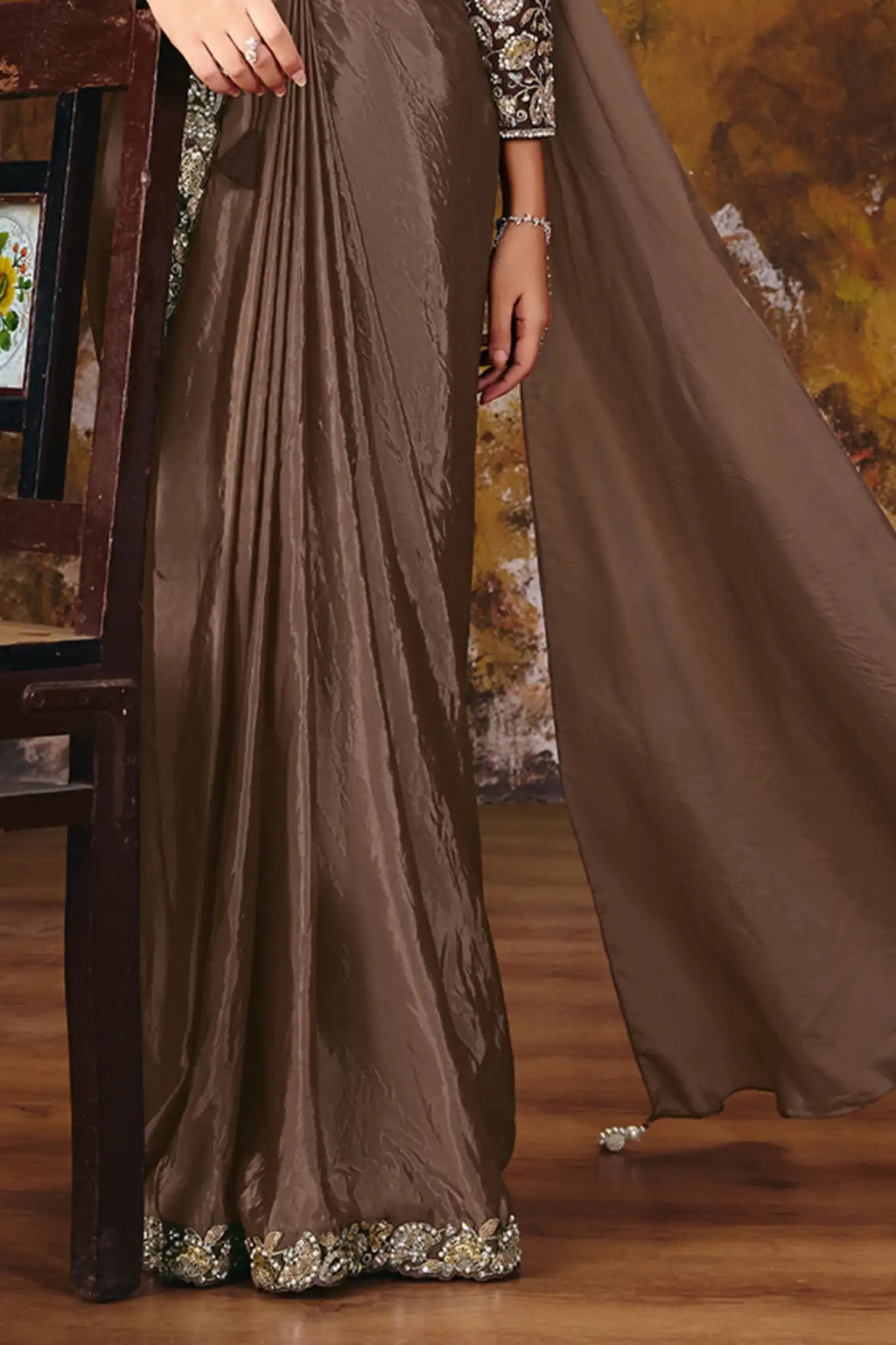 Brown Drape Saree view 3