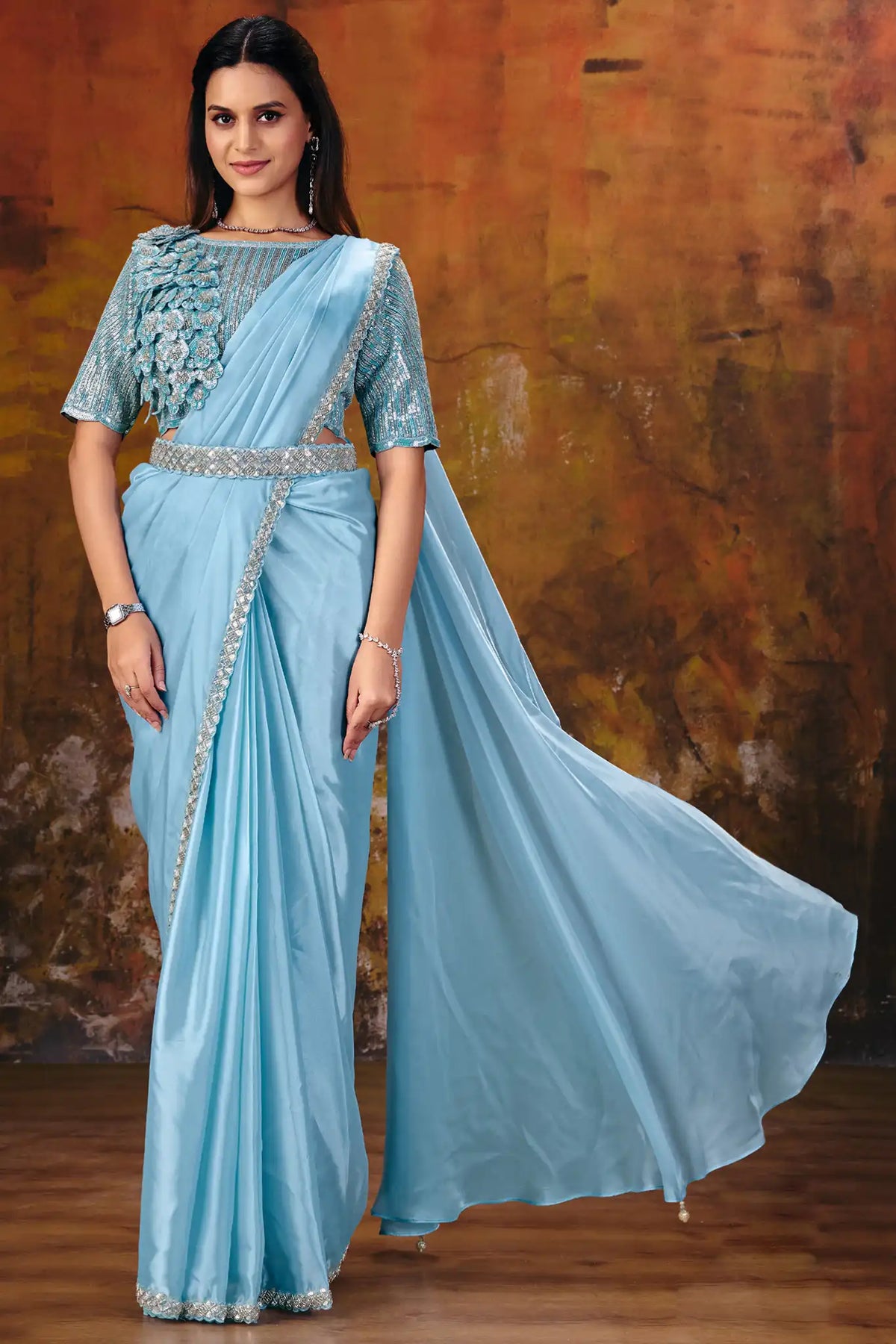 Sky Blue Drape Saree
