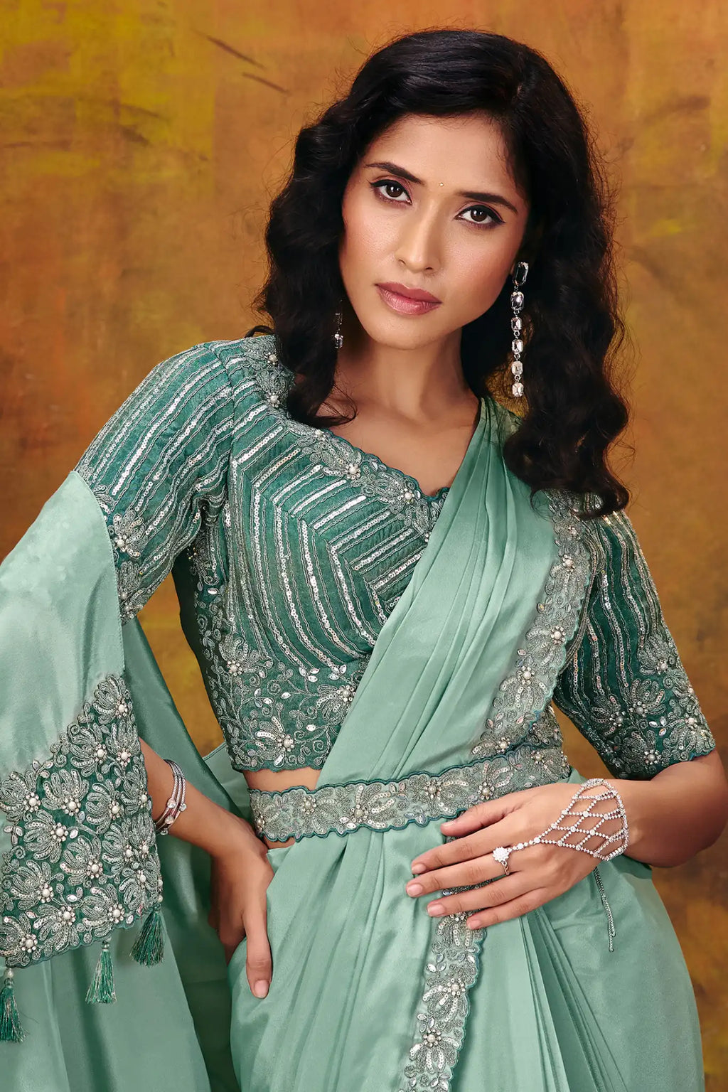 Sea Green Drape Saree view 2