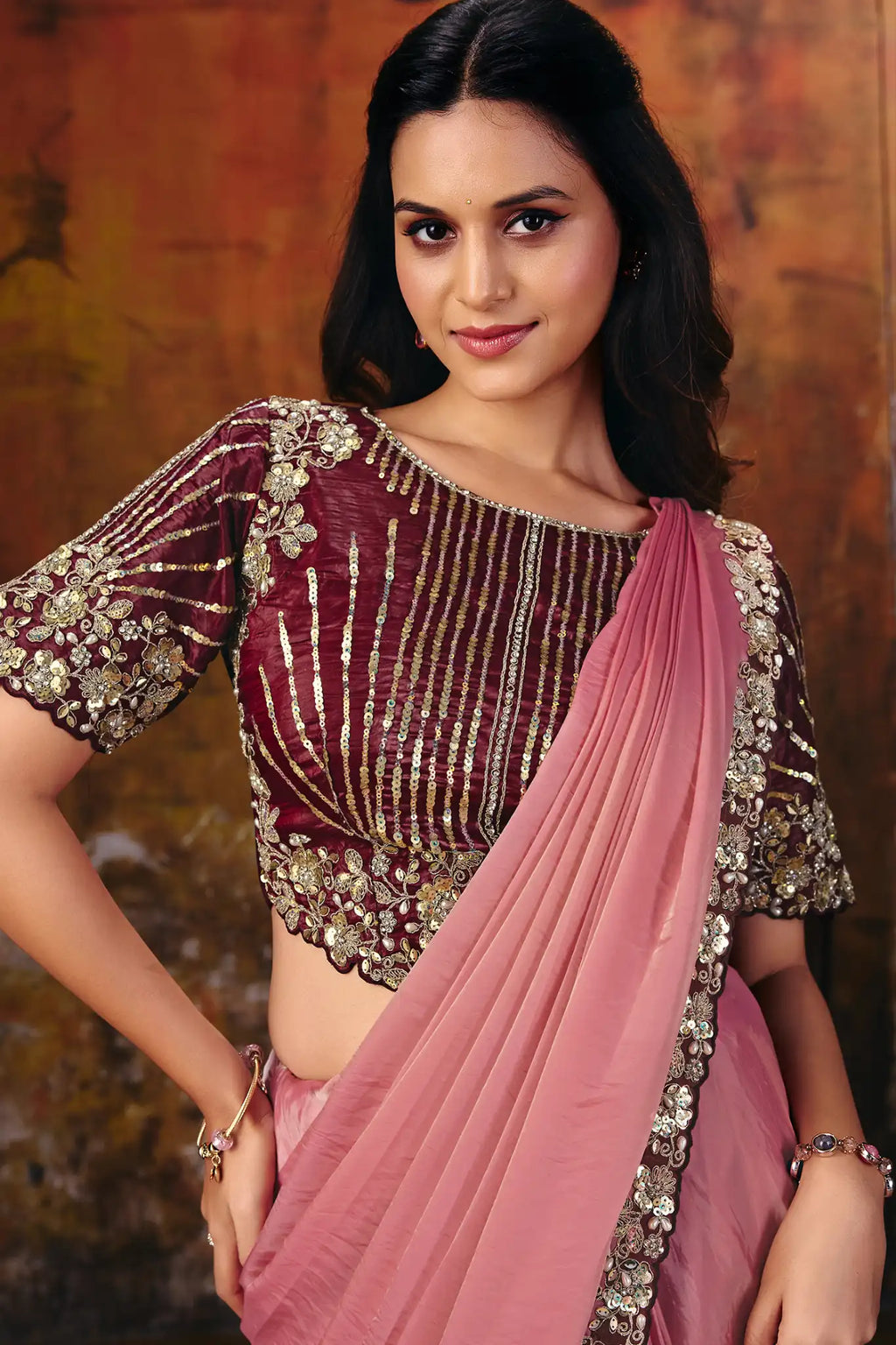 Dusty Pink Drape Saree view 2