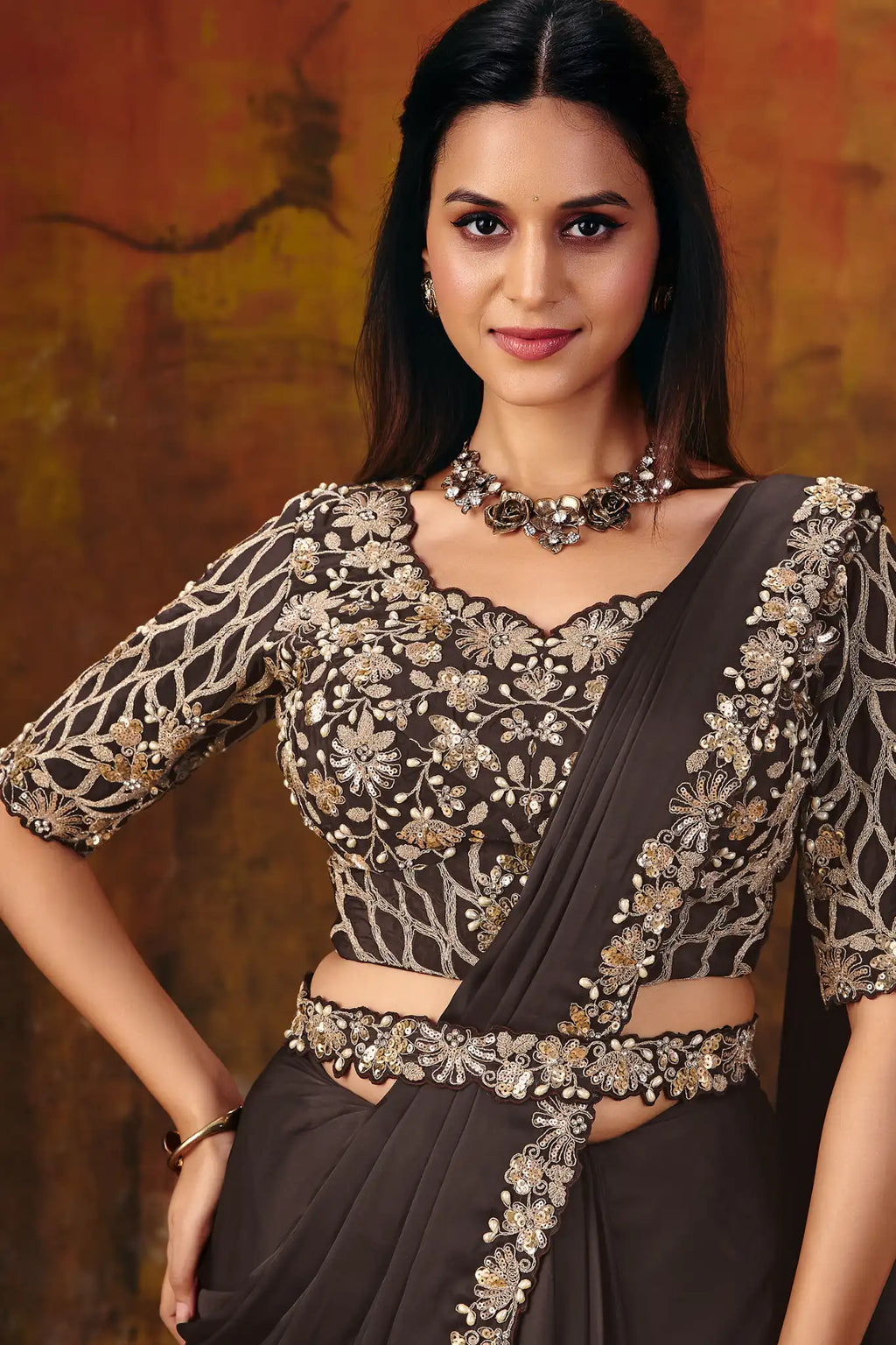Dark Brown Drape Saree view 2