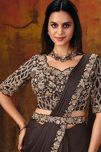 Dark Brown Drape Saree view 2