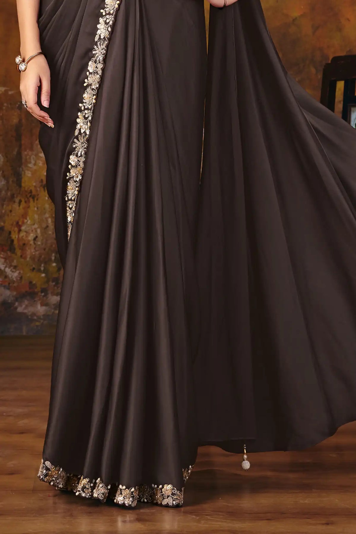 Dark Brown Drape Saree view 3