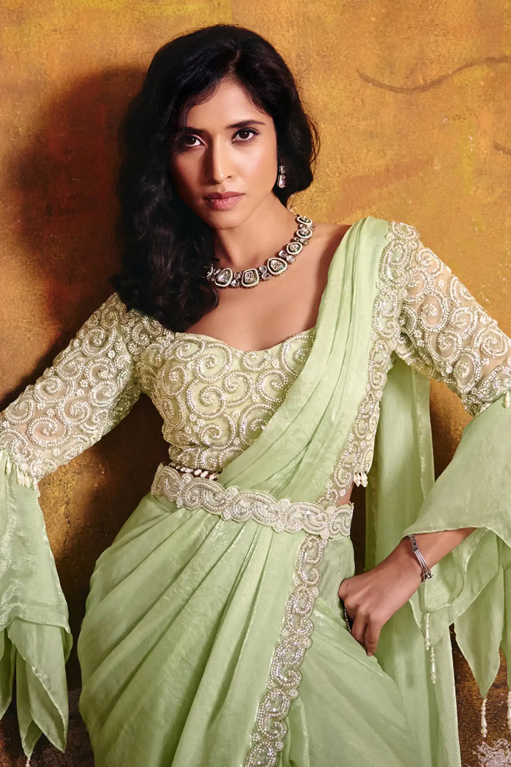 Sage Green Drape Saree view 2
