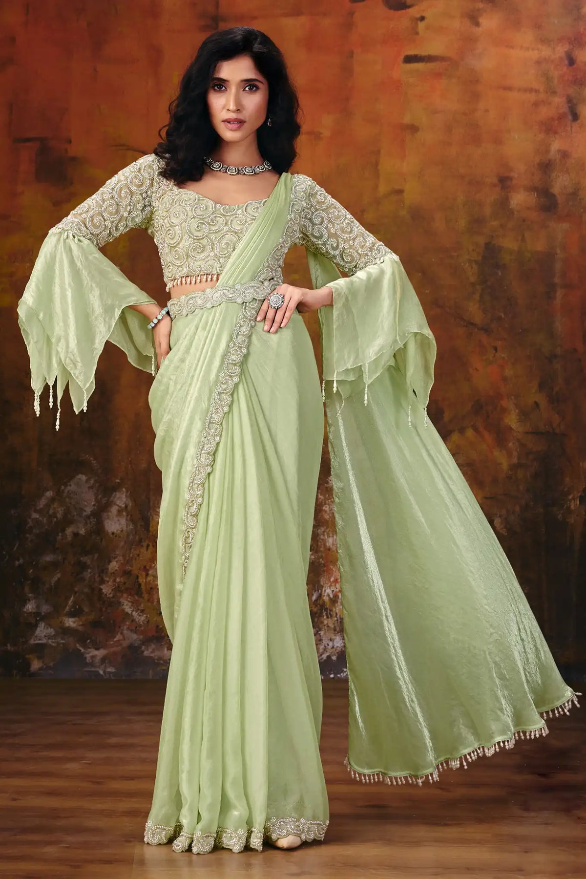 Sage Green Drape Saree