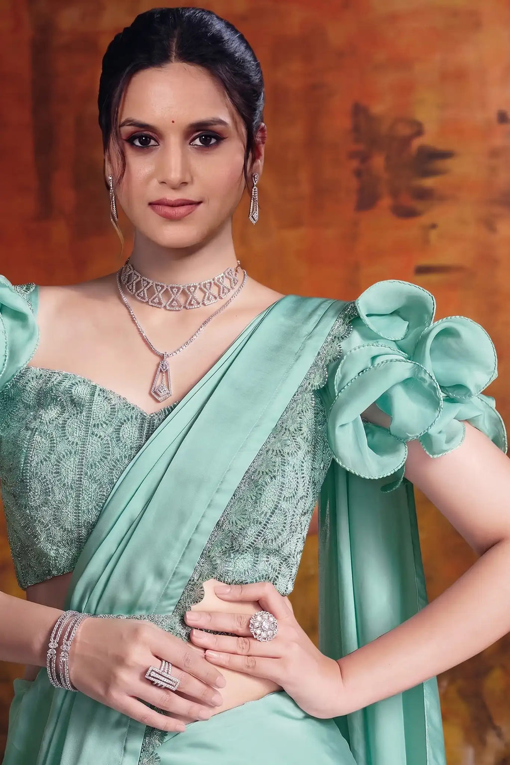 Aqua Green Drape Saree view 2