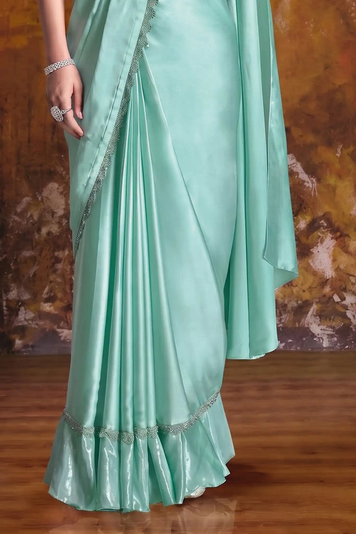 Aqua Green Drape Saree view 3