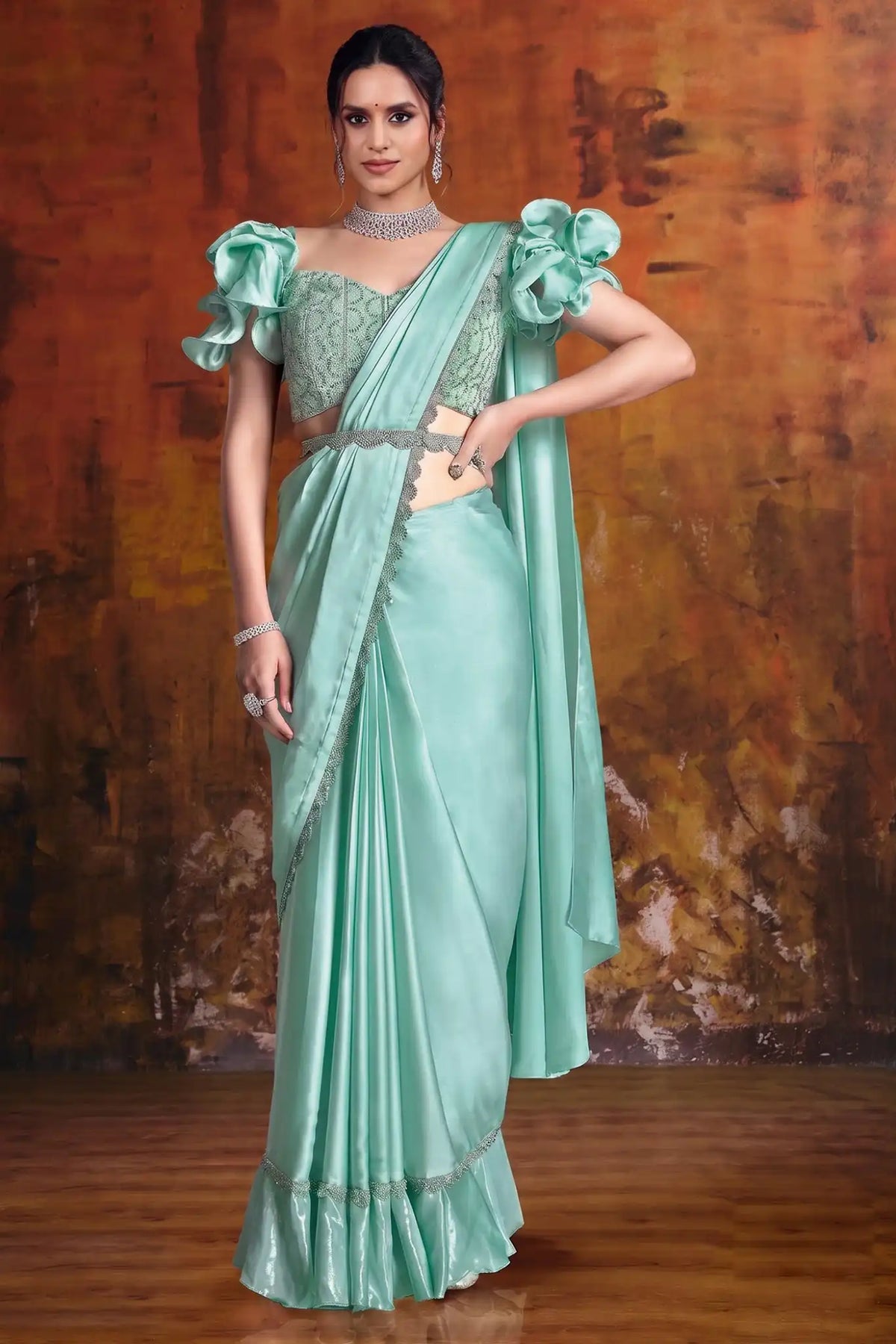 Aqua Green Drape Saree