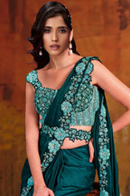 Dark Teal Drape Saree view 2