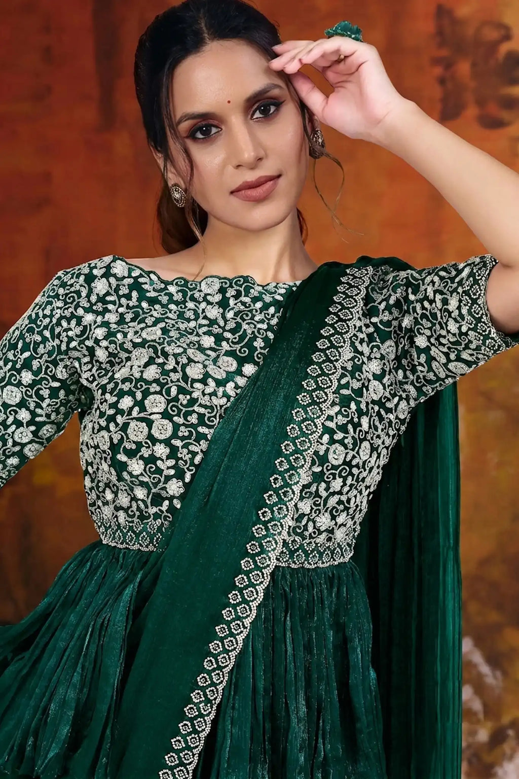Emerald Green Drape Saree view 2