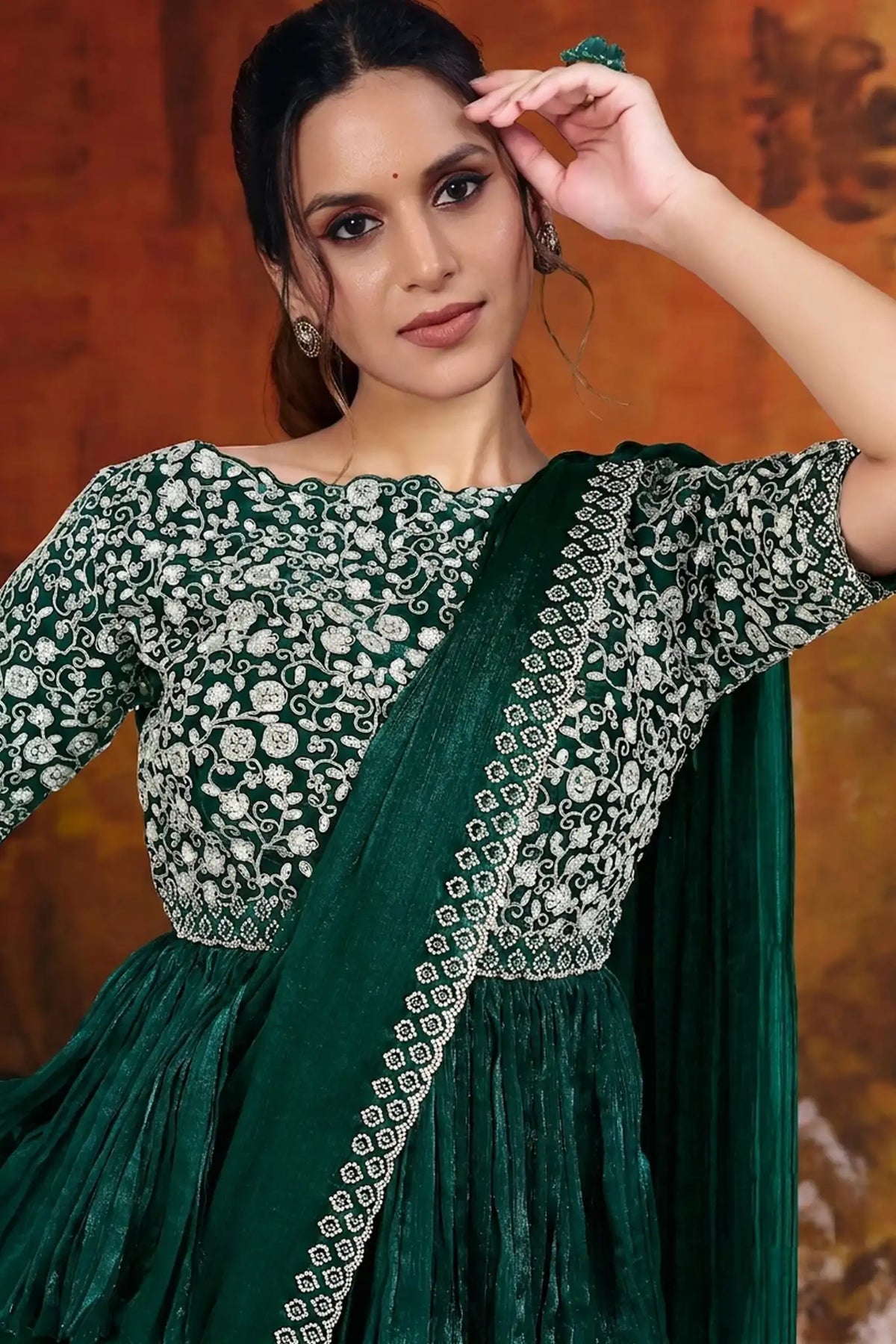 Emerald Green Drape Saree view 2