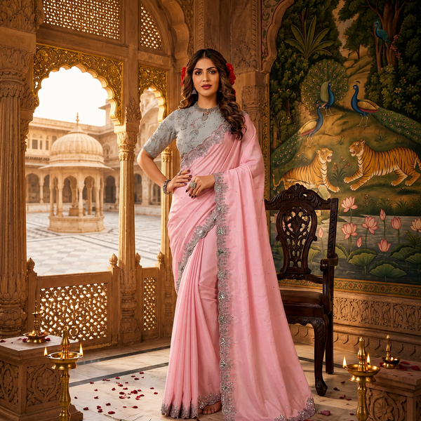 Crepe Satin Silk designer saree with cord embroidery, sequins and stone embellishments.
