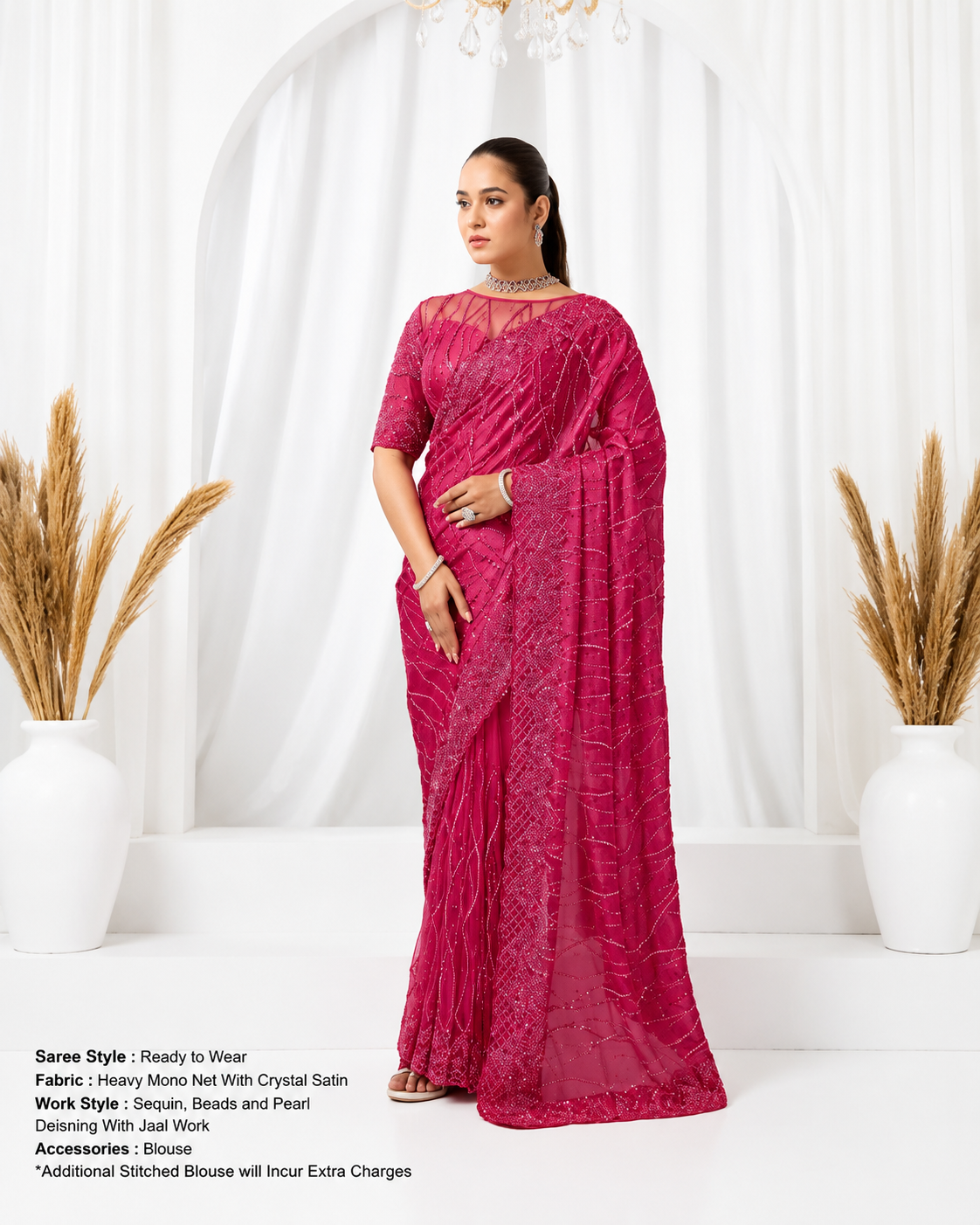 Designer party wear saree design 26811 in Heavy Mono Net, Crystal Satin featuring Sequins, Beads, Pearl Detailing, Jaal Work with matching stitched blouse.