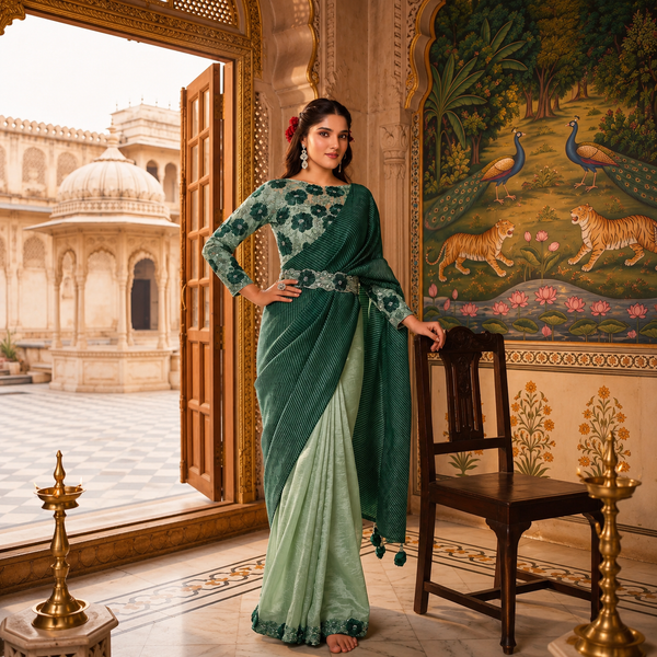 Banarasi Crush Silk saree featuring textured pallu, thread embroidery and stone work.