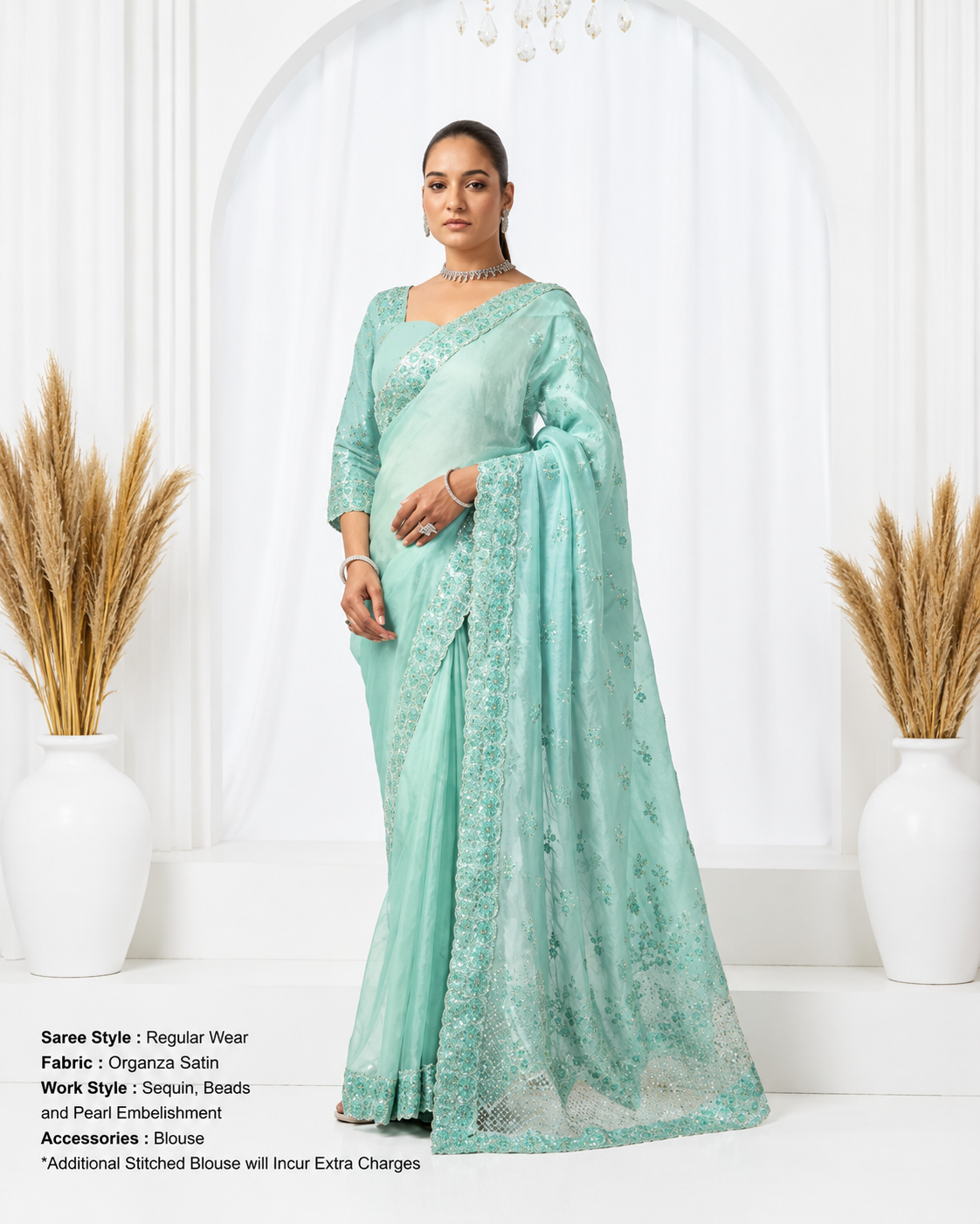 Designer party wear saree design 26813 in Organza Satin featuring Sequins, Beads, Pearl Embellishment with matching stitched blouse.