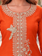 Rust Orange Embroidered Chinon Palazzo Suit Set with Dupatta - View 2