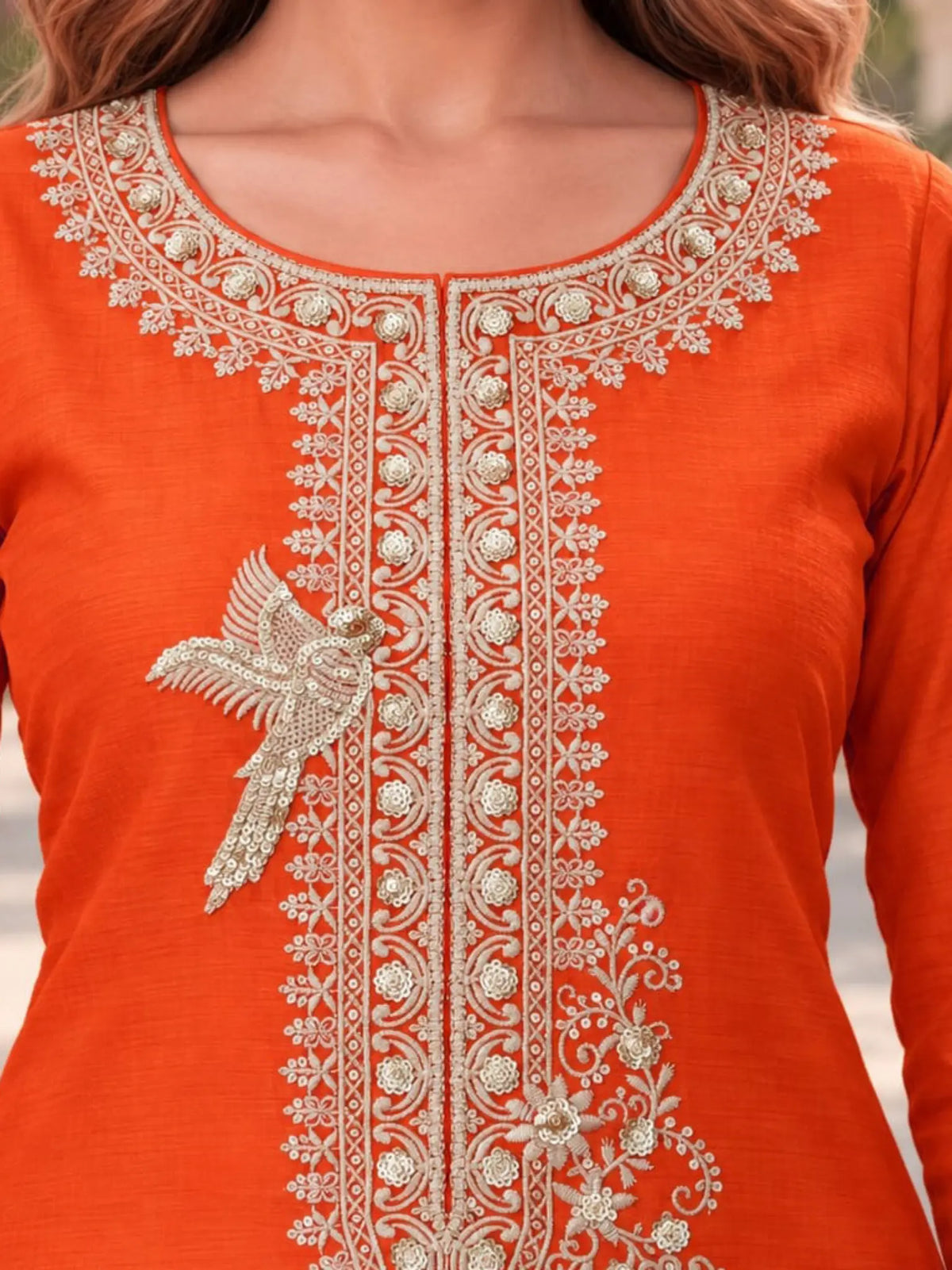 Rust Orange Embroidered Chinon Palazzo Suit Set with Dupatta - View 2