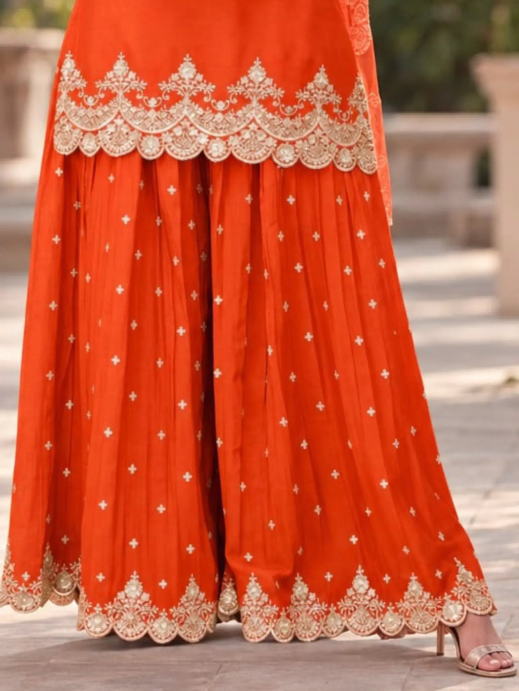 Rust Orange Embroidered Chinon Palazzo Suit Set with Dupatta - View 3