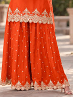 Rust Orange Embroidered Chinon Palazzo Suit Set with Dupatta - View 3