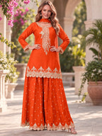 Rust Orange Embroidered Chinon Palazzo Suit Set with Dupatta - View 5
