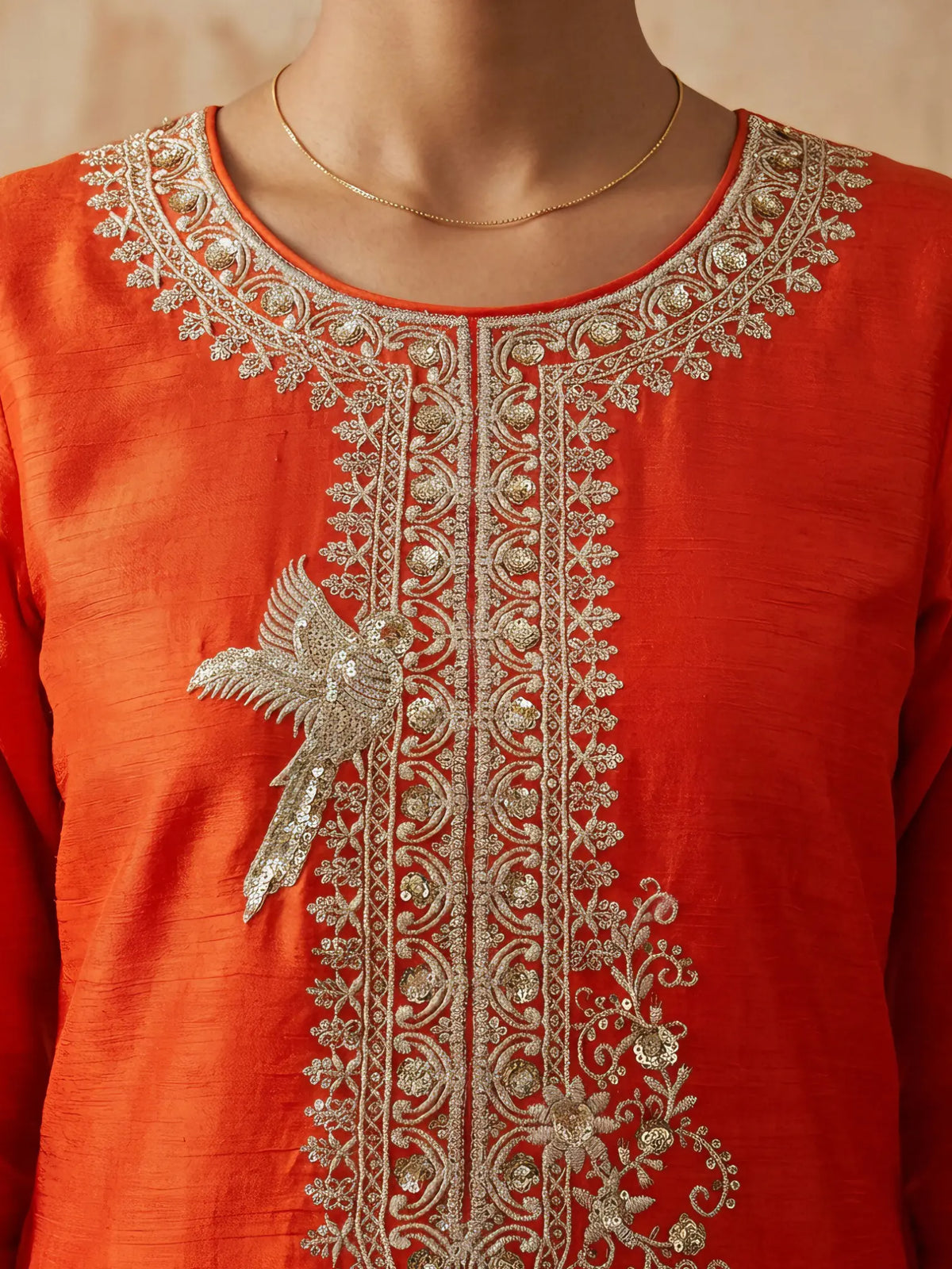 Rust Orange Embroidered Chinon Palazzo Suit Set with Dupatta - View 6