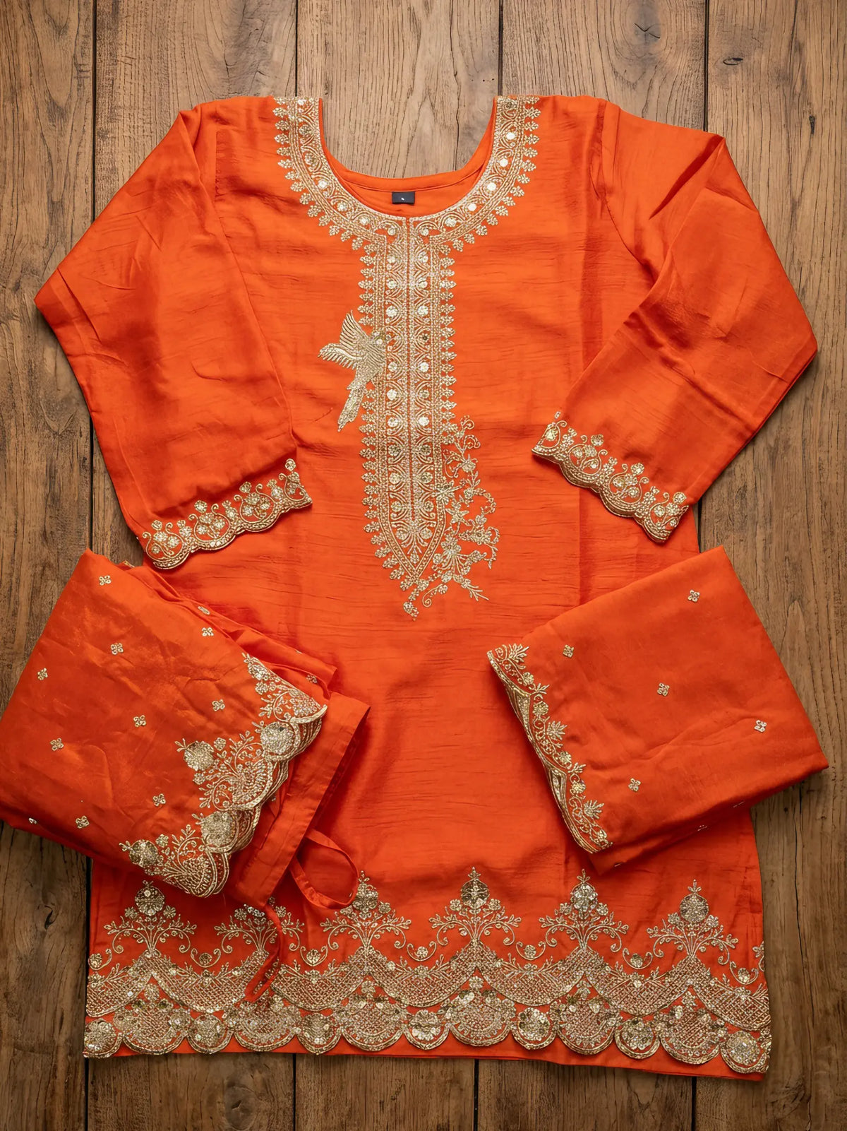 Rust Orange Embroidered Chinon Palazzo Suit Set with Dupatta - View 7