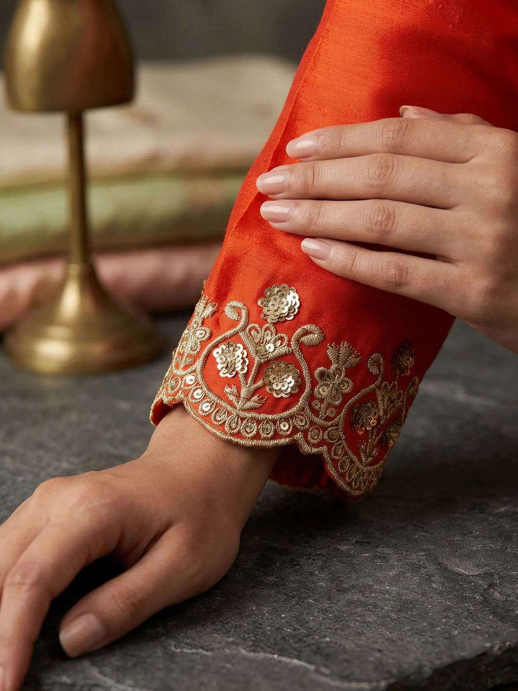 Rust Orange Embroidered Chinon Palazzo Suit Set with Dupatta - View 8
