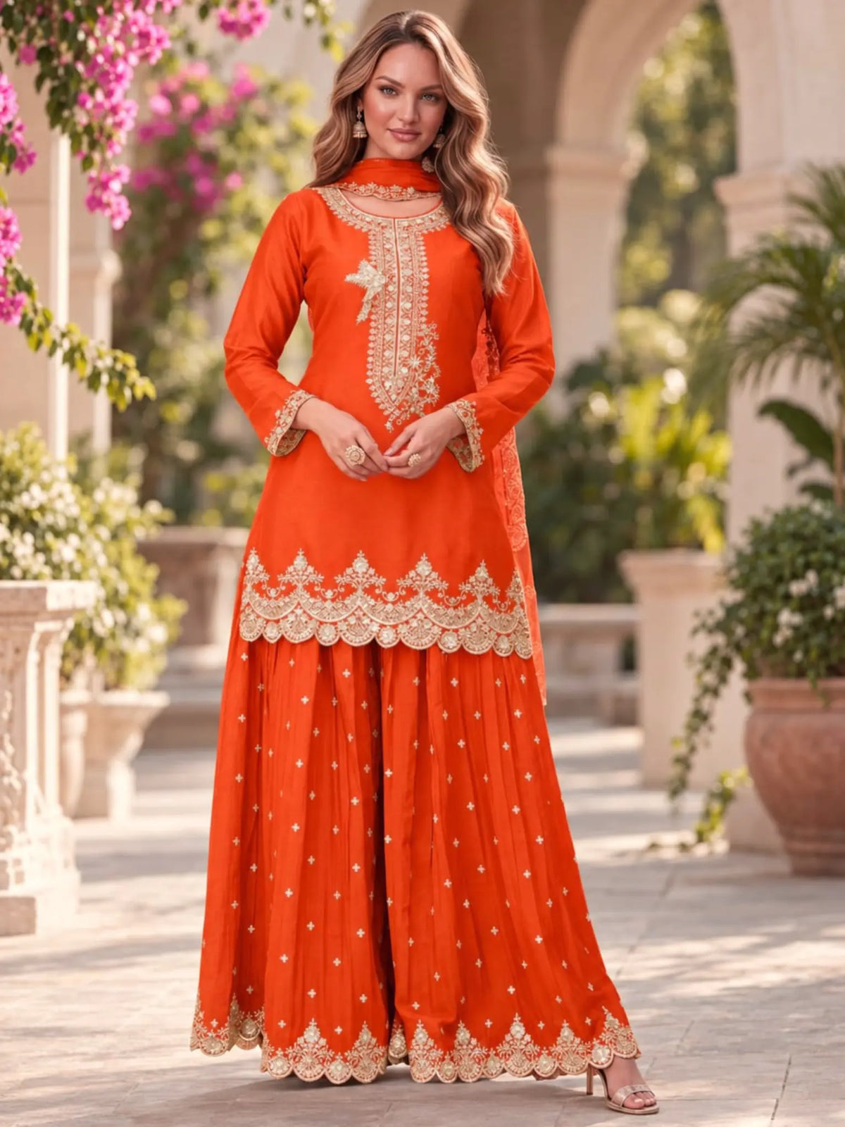 Rust Orange Embroidered Chinon Palazzo Suit Set with Dupatta - View 1