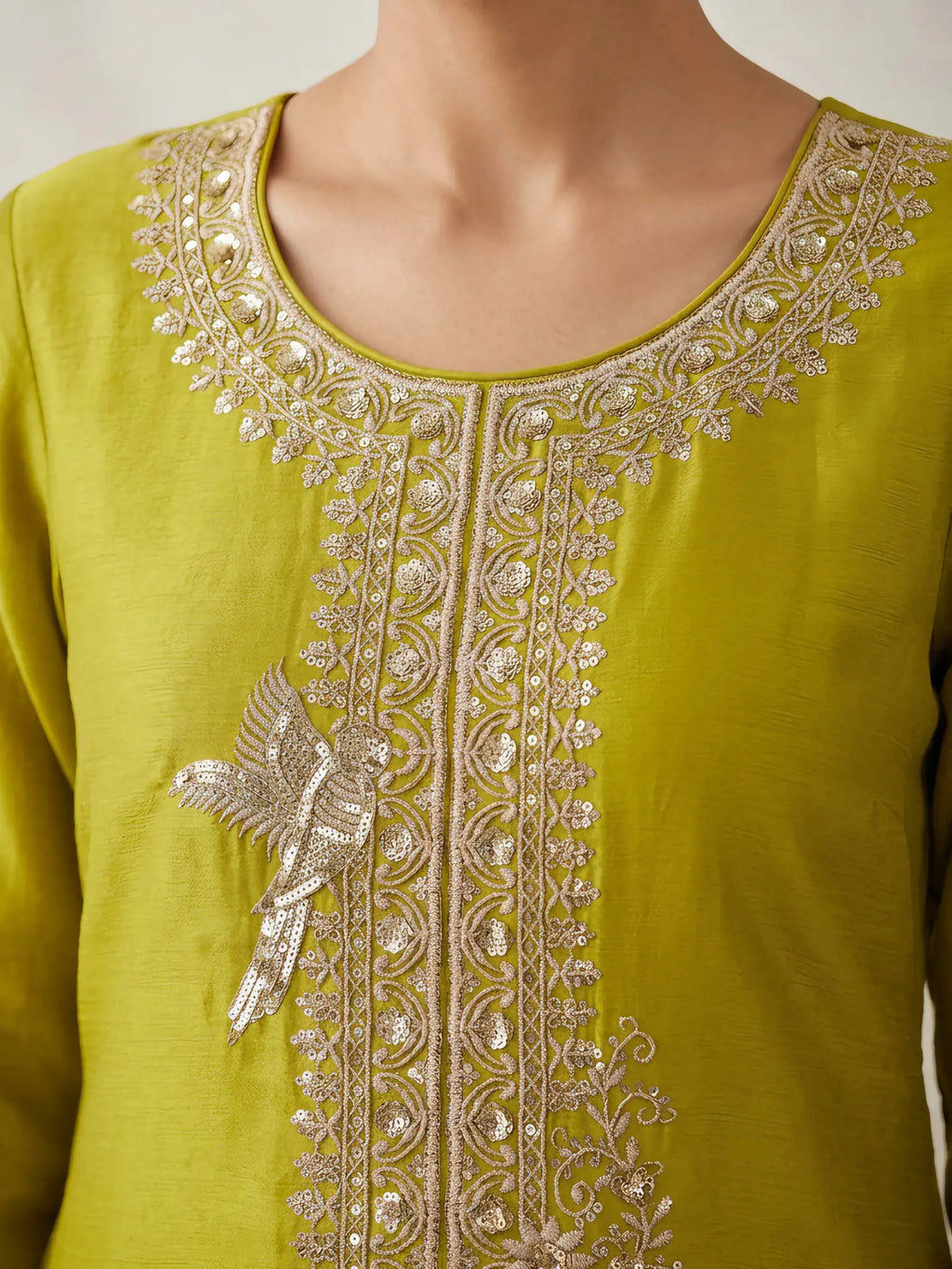 Lime Green Embroidered Chinon Palazzo Suit Set with Dupatta - View 3