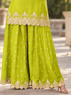 Lime Green Embroidered Chinon Palazzo Suit Set with Dupatta - View 4
