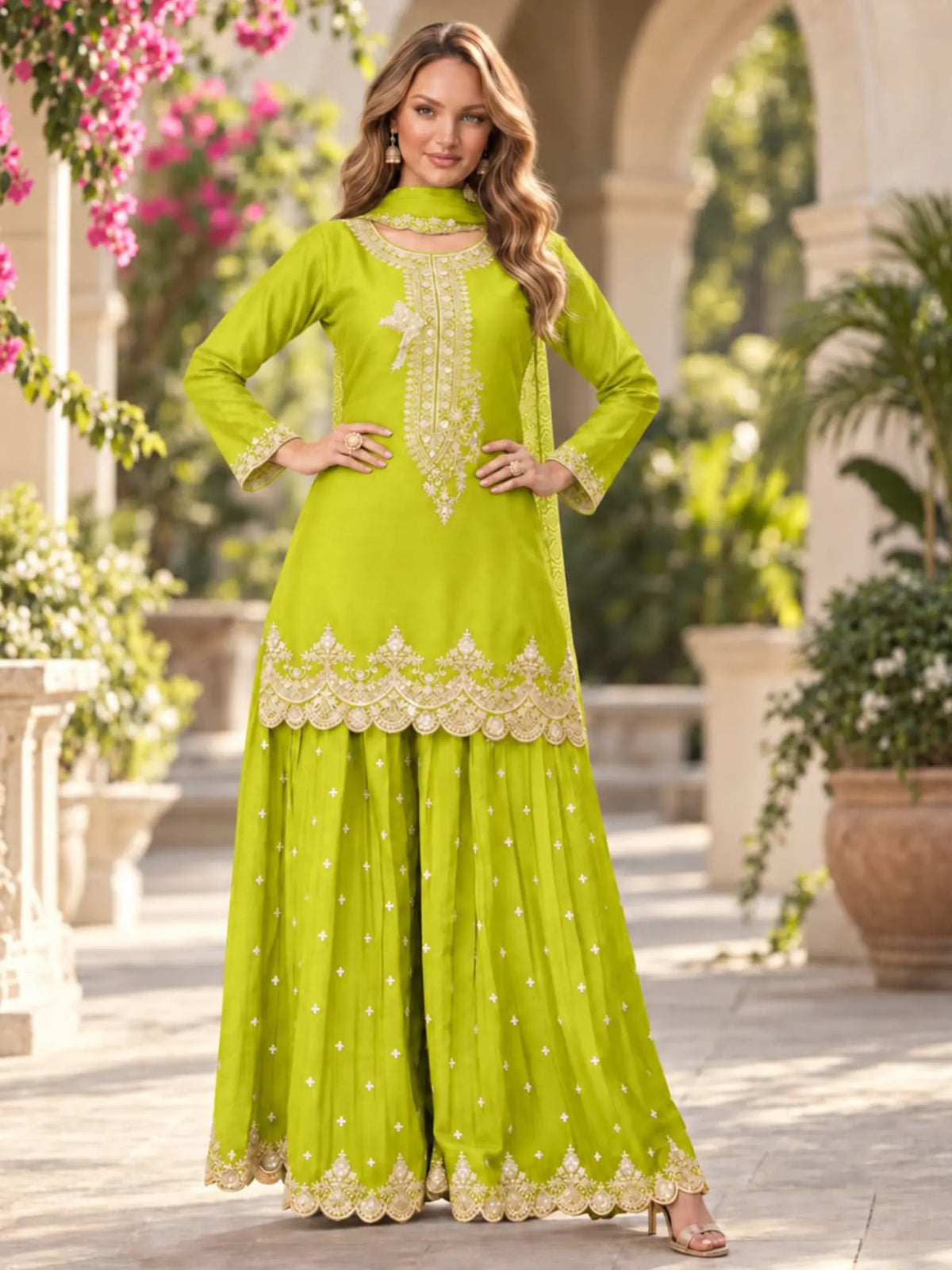 Lime Green Embroidered Chinon Palazzo Suit Set with Dupatta - View 5