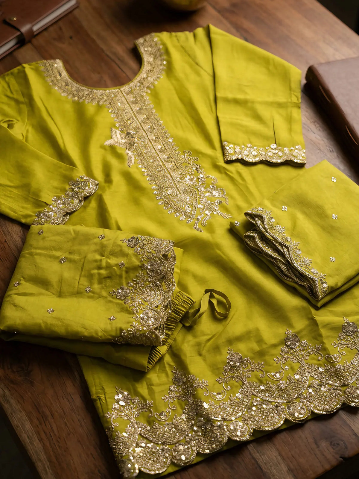 Lime Green Embroidered Chinon Palazzo Suit Set with Dupatta - View 7