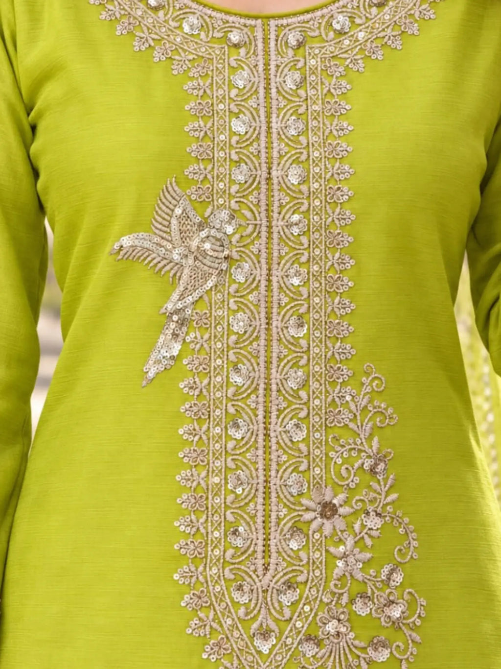 Lime Green Embroidered Chinon Palazzo Suit Set with Dupatta - View 2