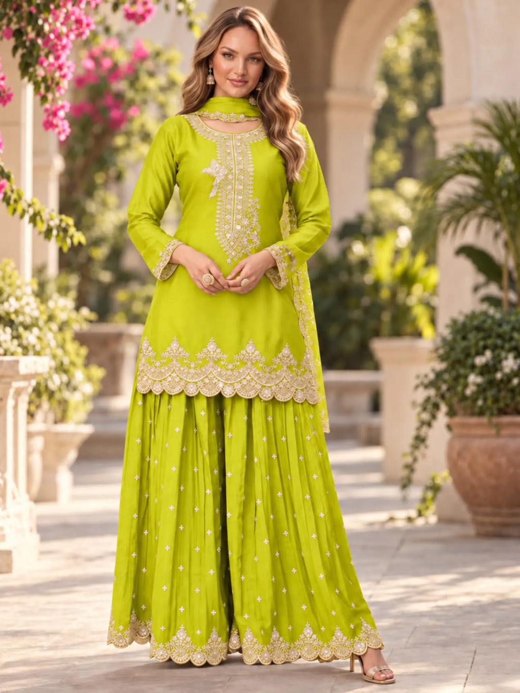Lime Green Embroidered Chinon Palazzo Suit Set with Dupatta - View 1