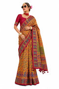 Mustard Yellow Soft Silk Kashmiri Paisley Print Casual Wear Saree