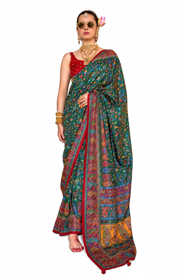 Multi Colour Heritage Hand Block Printed PV Silk Designer Saree