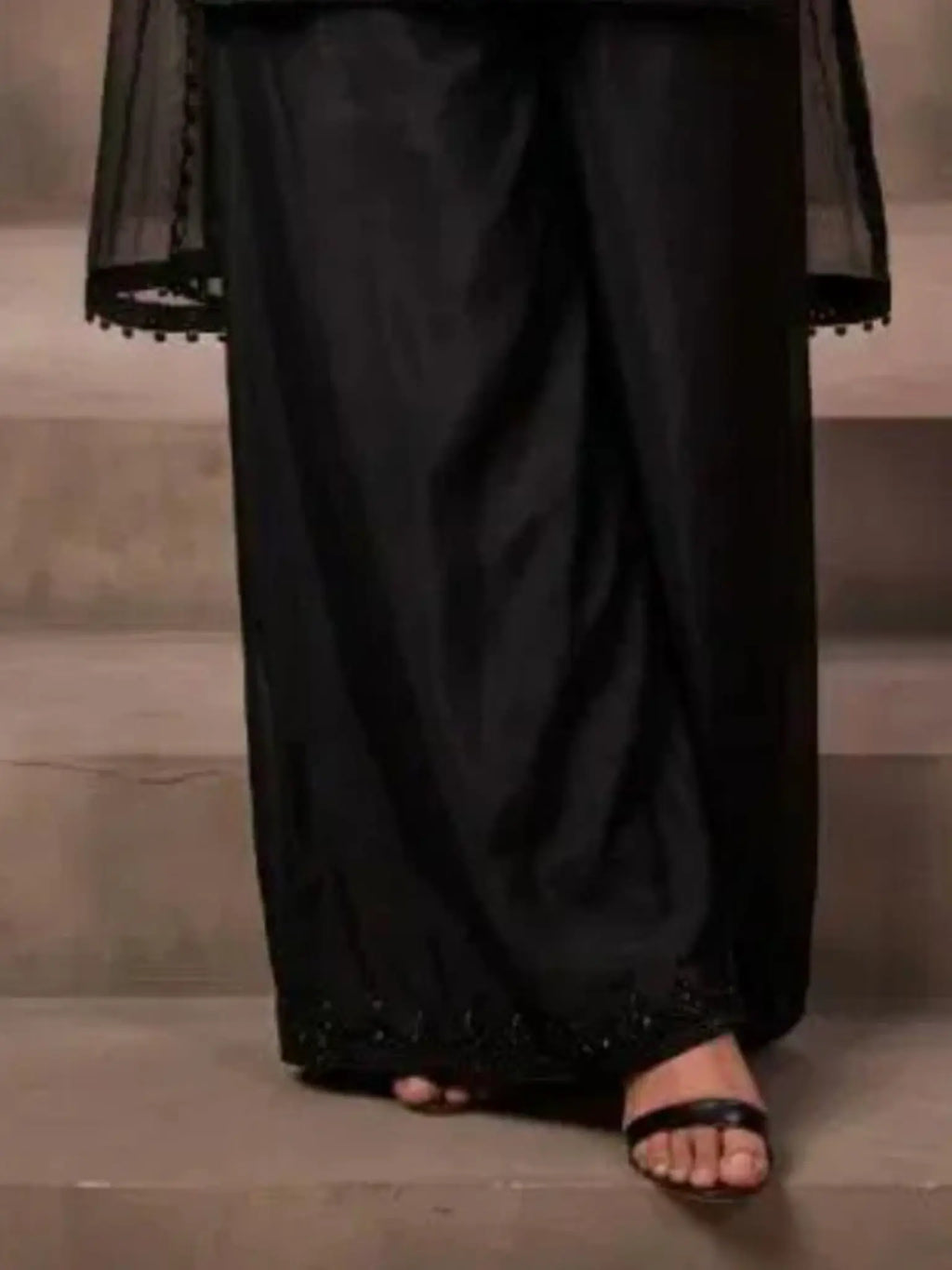 Midnight Black Chinnon Kameez Scalloped Daman Needlework Close Up