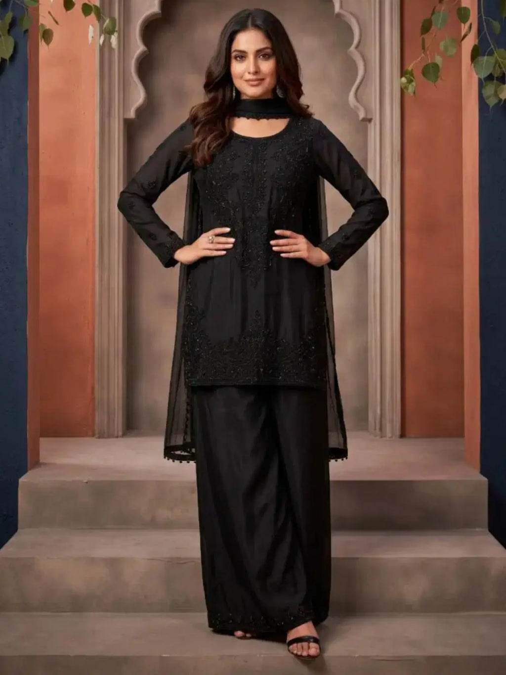 Midnight Black Hand-Beaded Chinnon Palazzo Suit Set Full Front View
