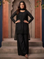 Midnight Black Hand-Beaded Chinnon Palazzo Suit Set Full Front View