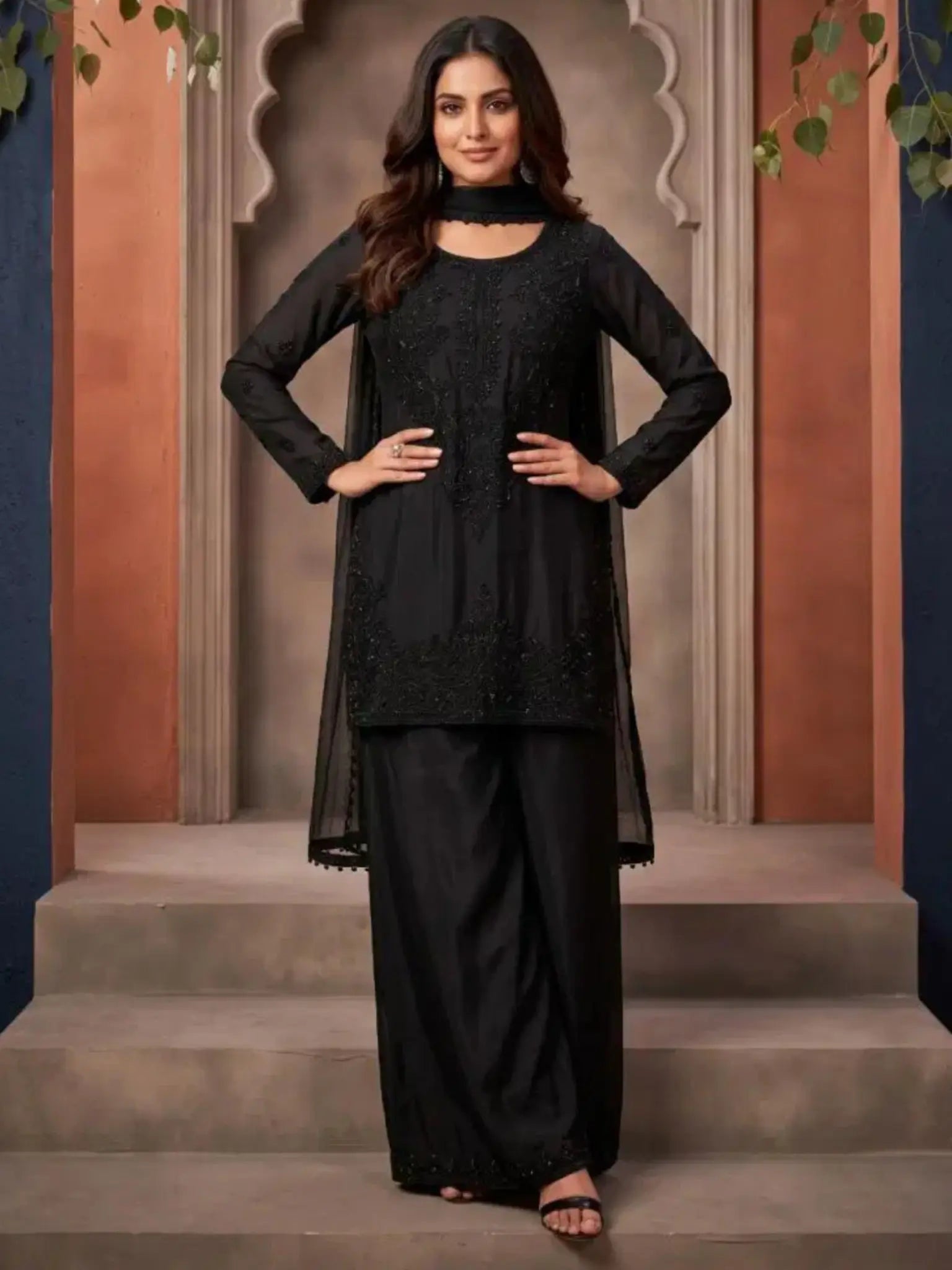 Midnight Black Hand-Beaded Chinnon Palazzo Suit Set Full Front View
