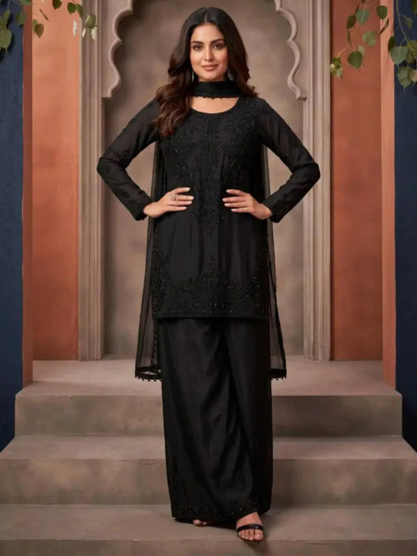 Midnight Black Hand-Beaded Chinnon Palazzo Suit Set Full Front View