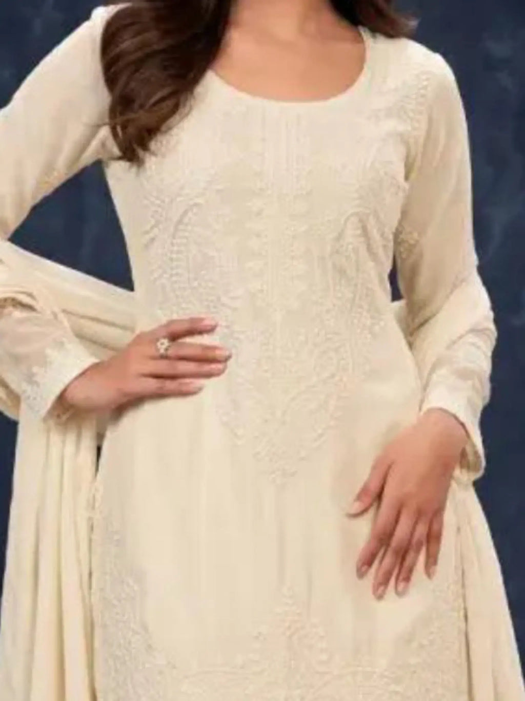 Ivory Cream Chinnon Neckline and Tone-on-Tone Beads Work Detail
