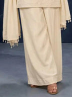 Ivory Cream Chinnon Kameez Scalloped Daman and Floral Embroidery Close Up