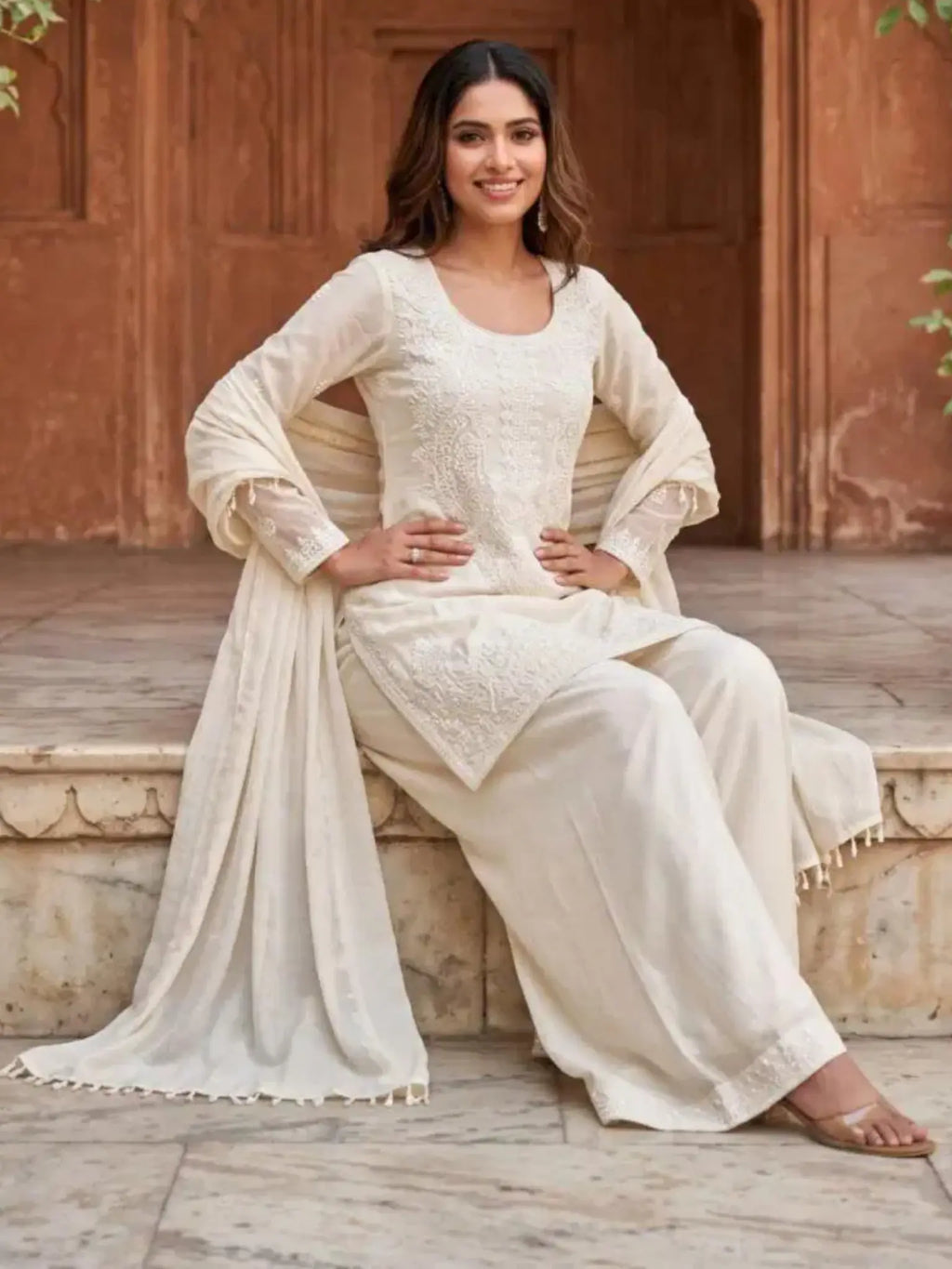 Ivory Cream Chinnon Palazzo Pants Gather and Drape Detail
