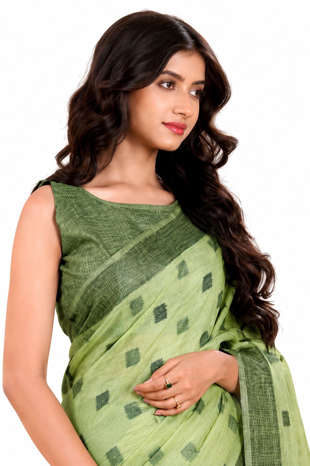 Olive Green Linen Printed Office Wear Saree - Naksh Creation