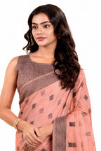 Coral Peach Linen Printed Office Wear Saree - Naksh Creation